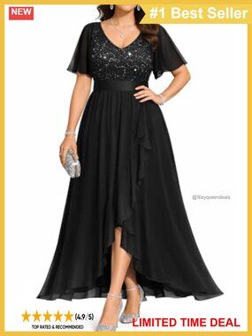 Formal Sequin Lace V-Neck High-Low Gown Ruffle Sleeve Plus Size Dress